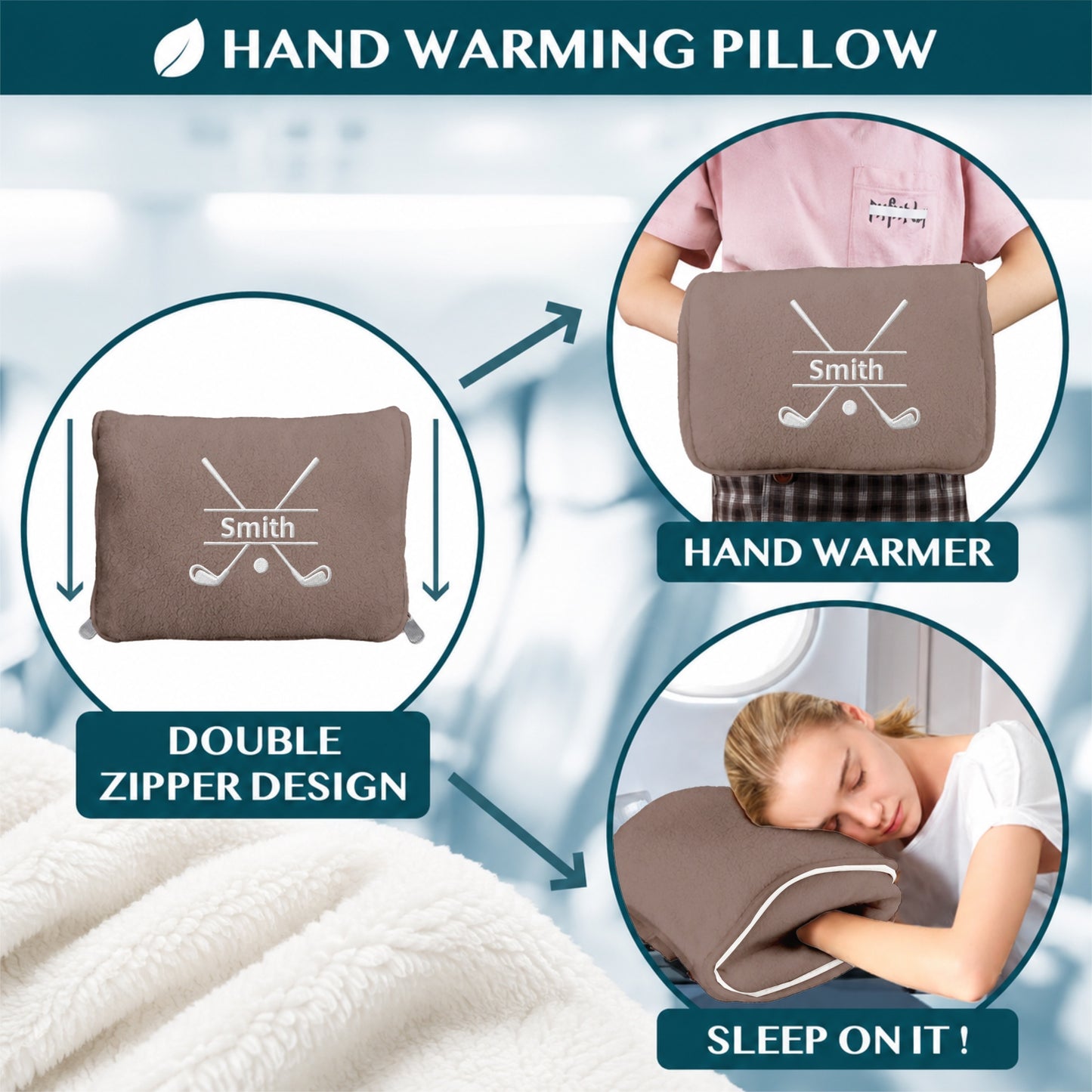 golf pillow used as hand warmer and nap cushion.