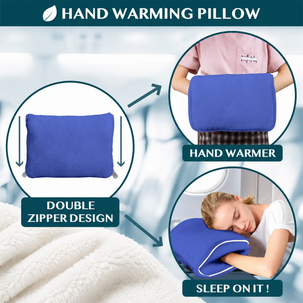 Blue pillow shown as hand warmer and sleeping cushion.