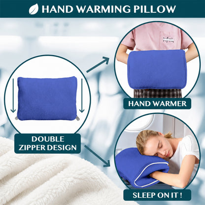 Blue pillow shown as hand warmer and sleeping cushion.
