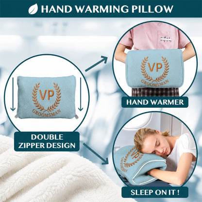 Light blue hand warming pillow with groomsman embroidery.