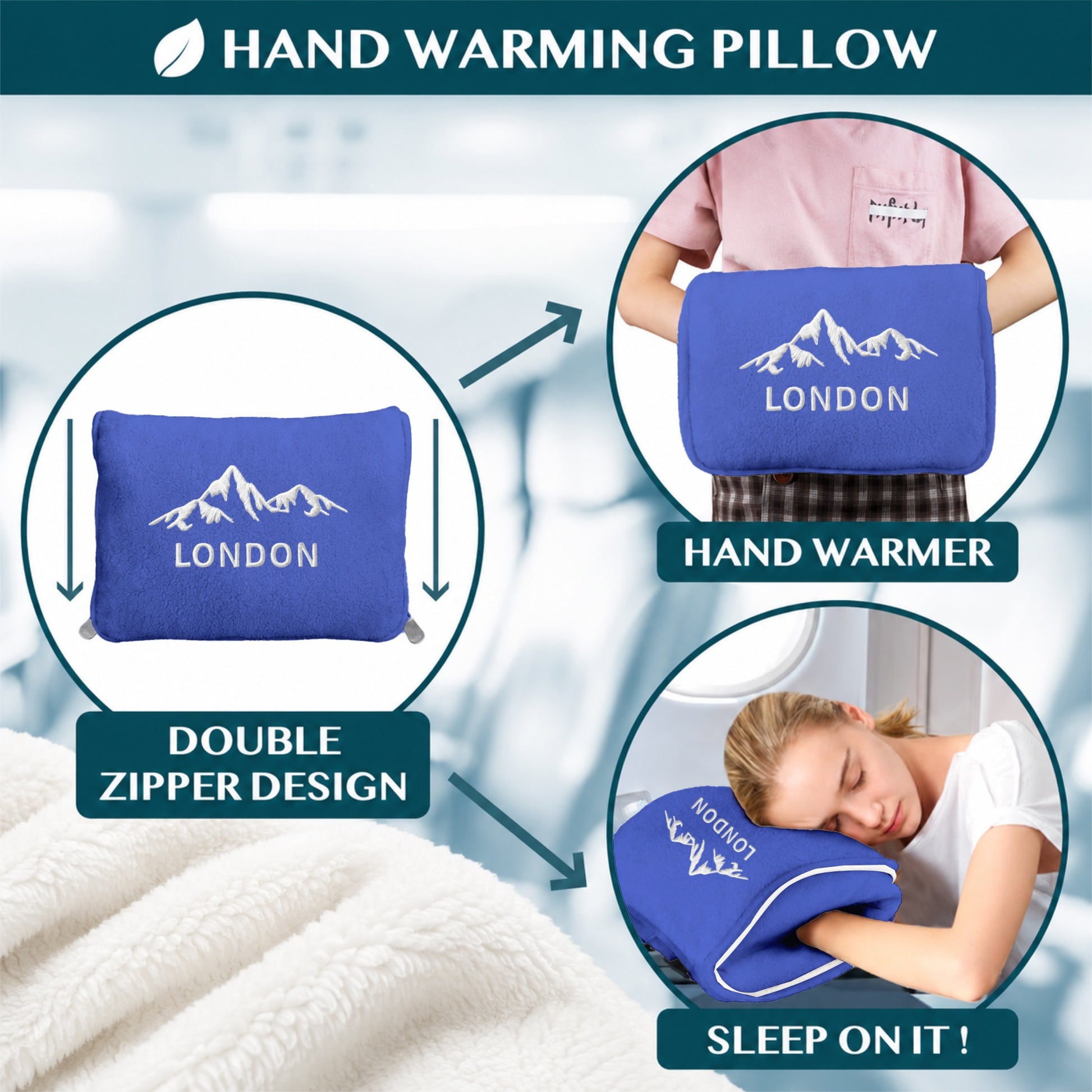 Blue 2-in-1 hand warming pillow with double zippers.
