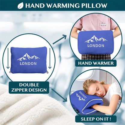 Blue 2-in-1 hand warming pillow with double zippers.