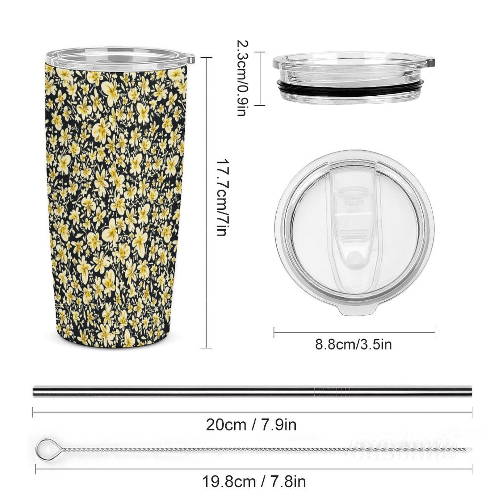 Custom All Over Print 20oz Tumbler dimensions, size, and components.