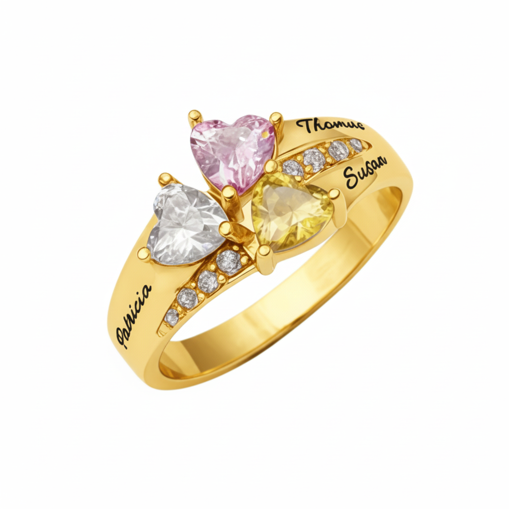 3 heart birthstone ring in gold plated silver with 3 engraved names.