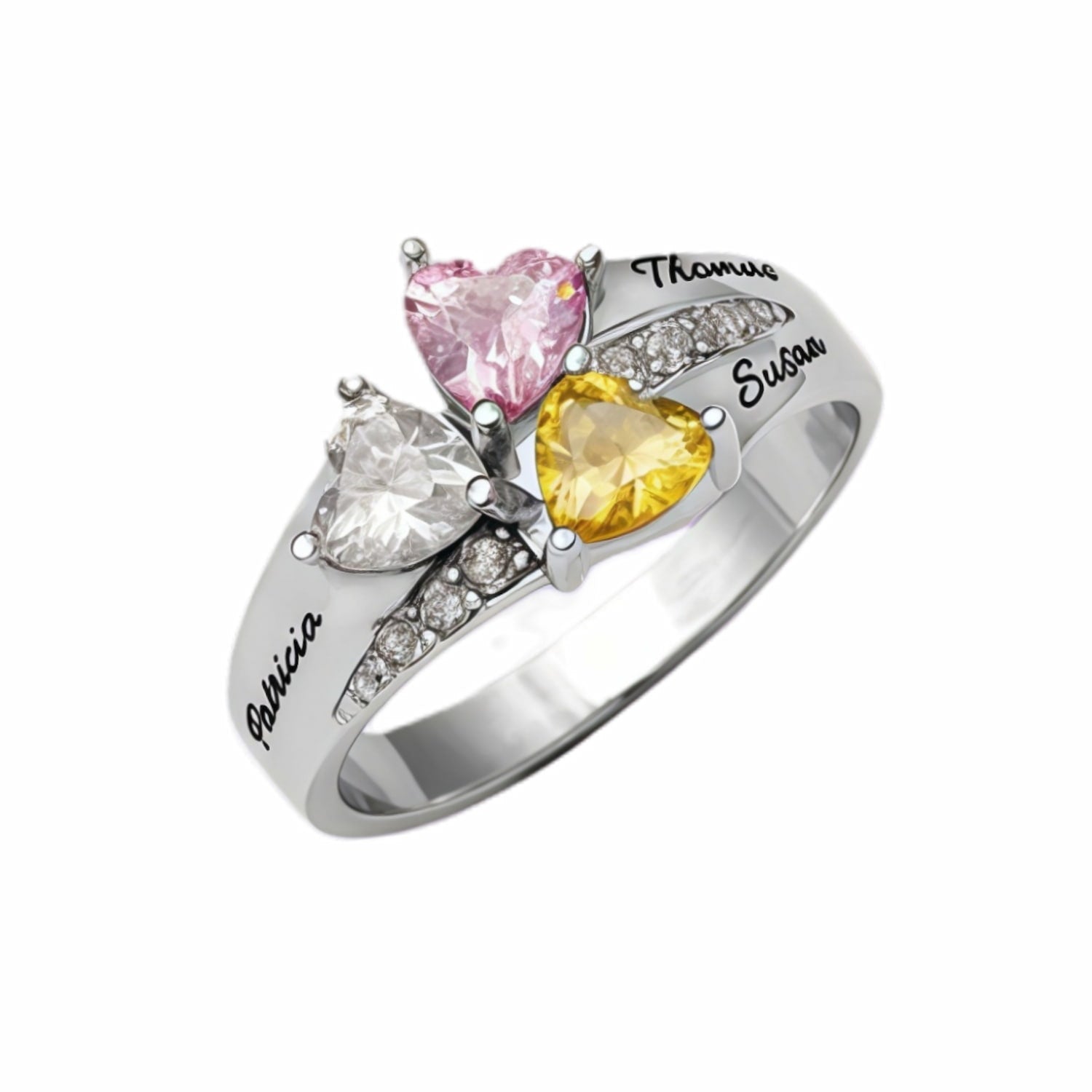 3 heart birthstone ring silver with 3 engraved names.