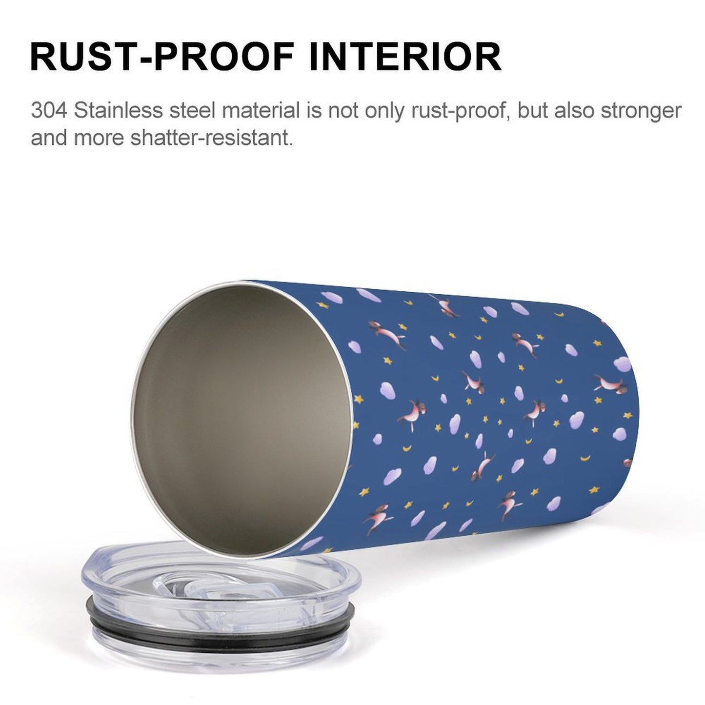 Open view showing 304 stainless steel rust-proof interior of travel mug.