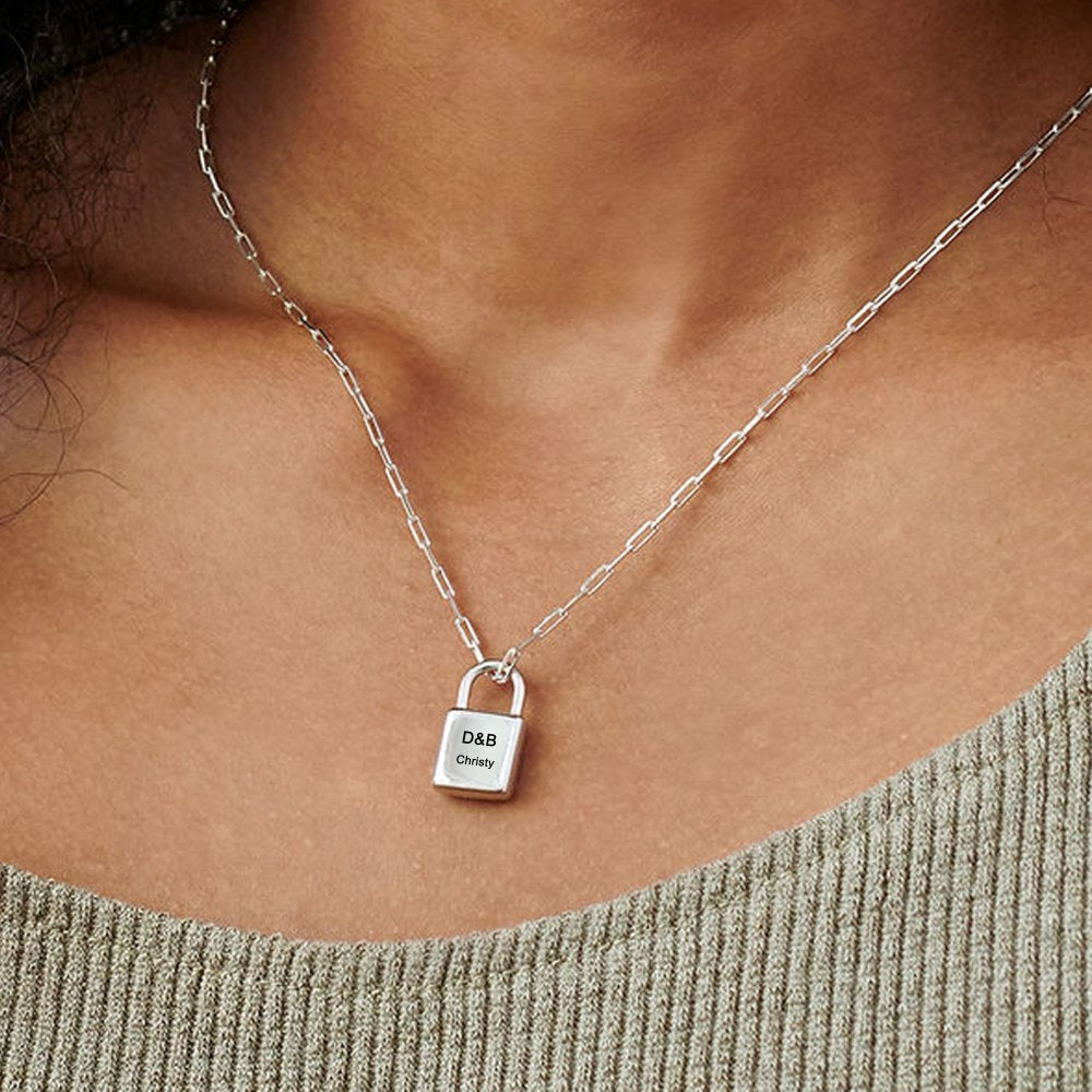 Personalized Sterling Silver Gold Plated Lock Pendant Neckalce Paperclip Link Necklace for Her