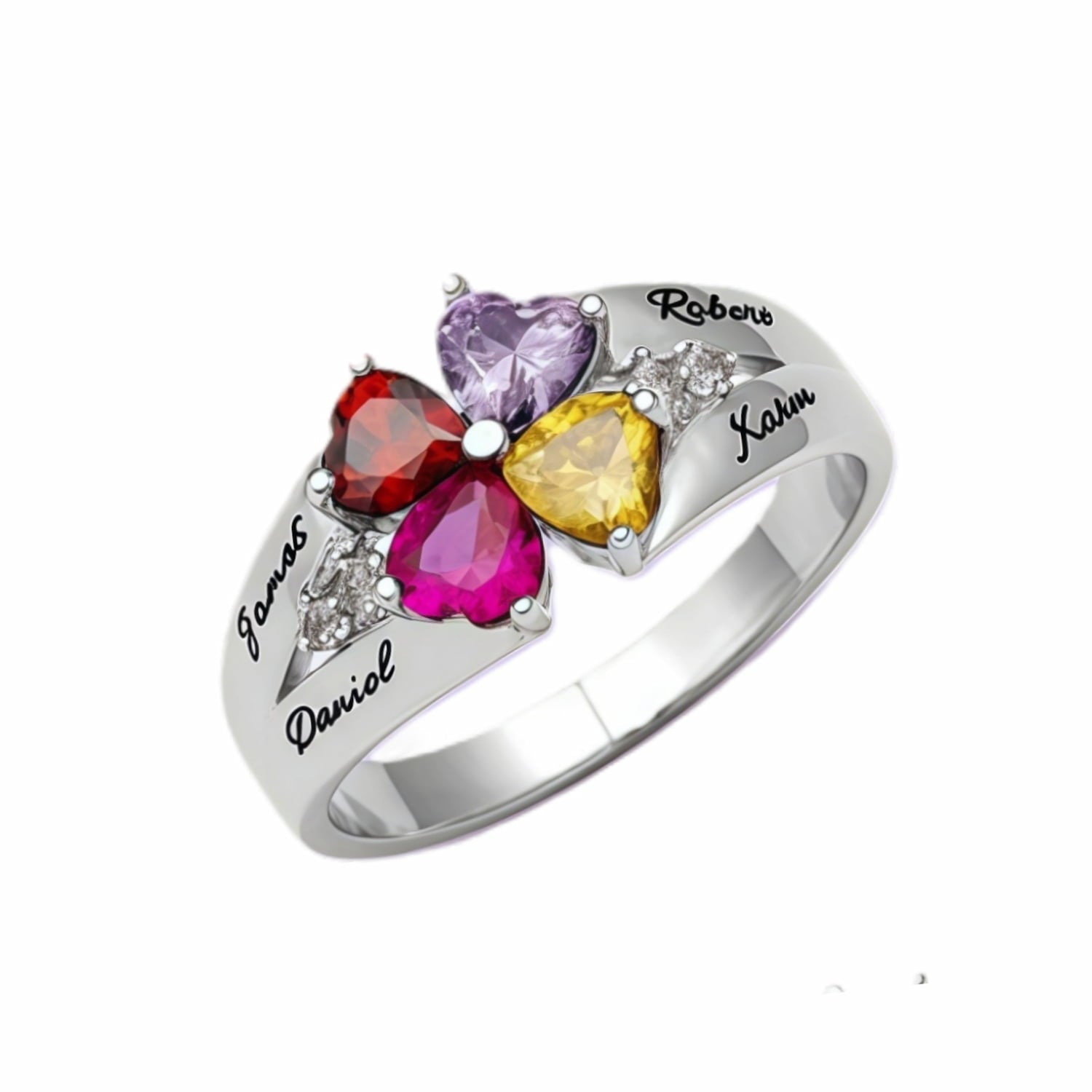 Personalized 4 heart birthstone flower ring  for mother.