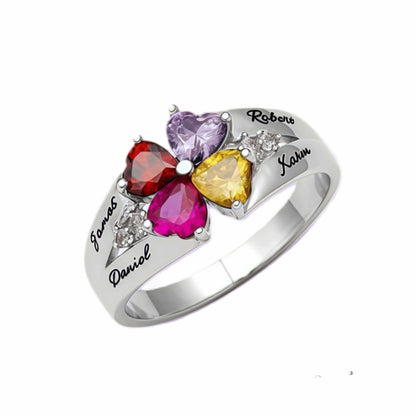 Personalized 4 heart birthstone flower ring  for mother.