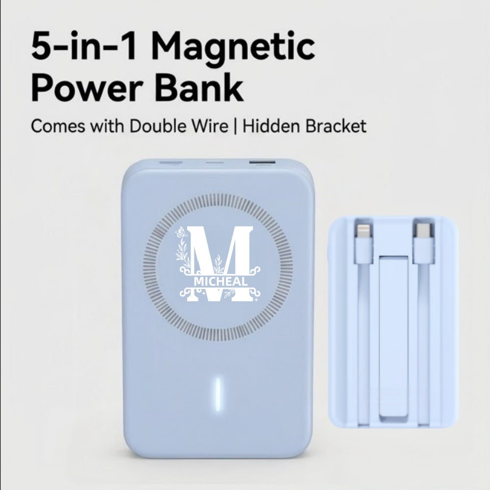 5-in-1 magnetic power bank with double wires and bracket.
