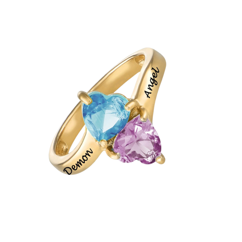 Personalized 925 Sterling Silver Ring Heart Shaped Birthstone Ring with Engraved Names for Woman Custom Gift Jewelry for Mother for Her