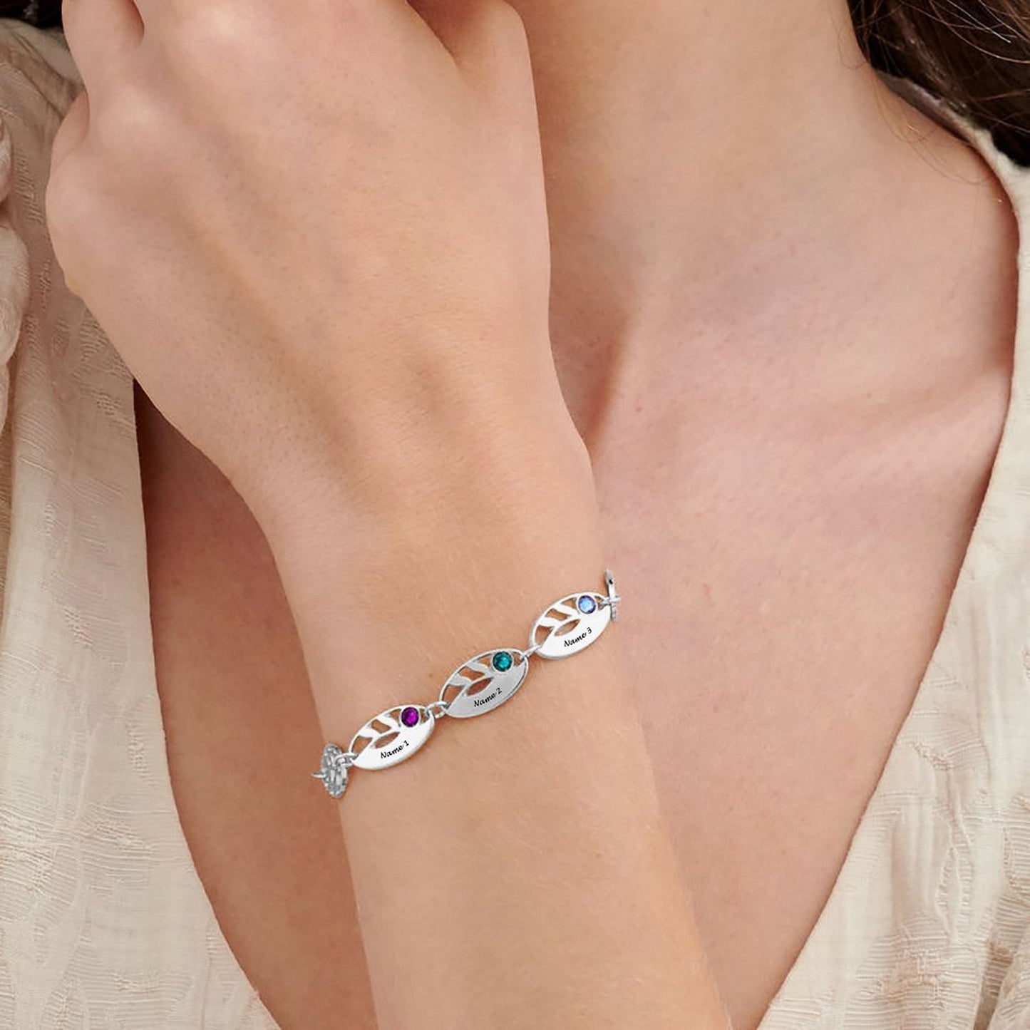 Personalized Leaf Bracelet with Birthstone for Women Girls Sterling Silver Danity Charm Link Bracelets Chain Simple Elegant Jewelry