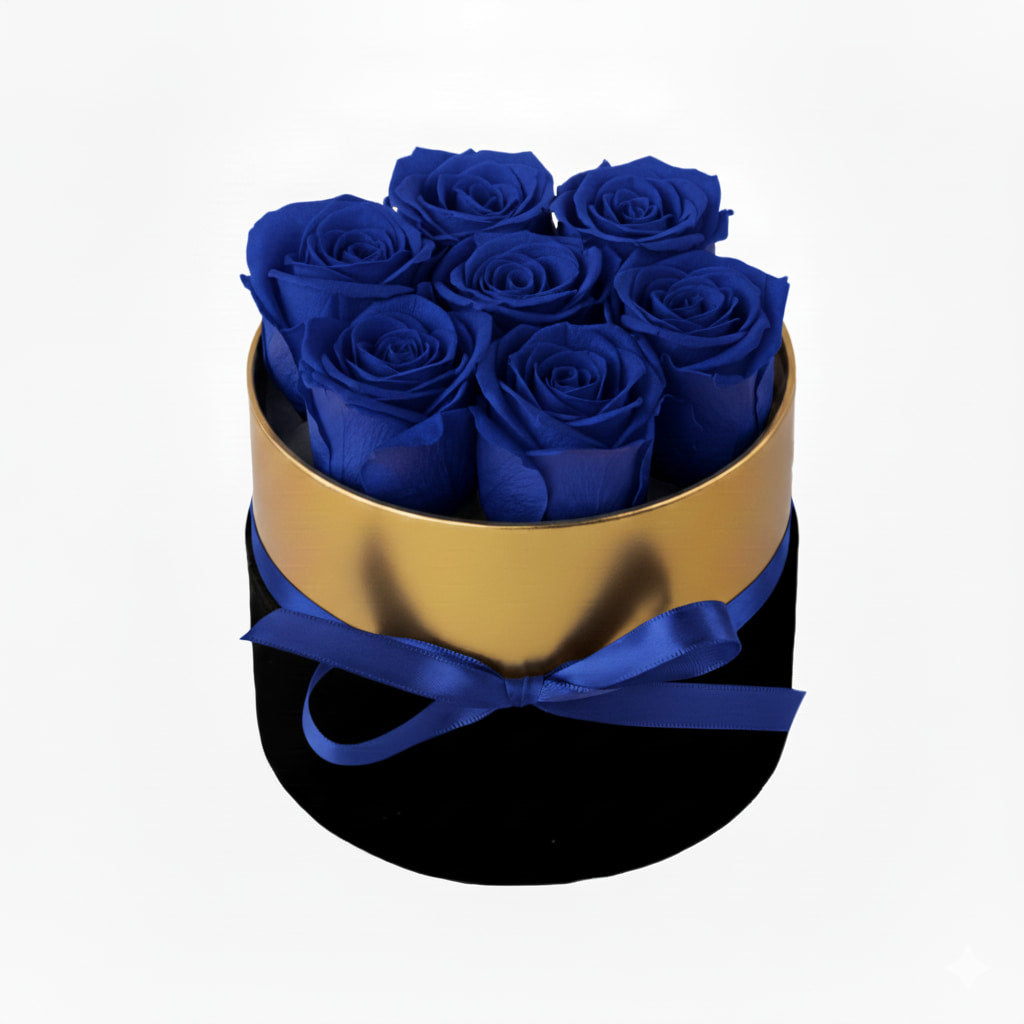 Design luxury 7 blue red preserved roses in a black and gold box. Long lasting romantic gift.