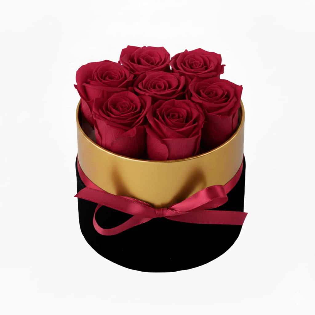 Design luxury 7 wine red preserved roses in a black and gold box. Long lasting romantic gift.