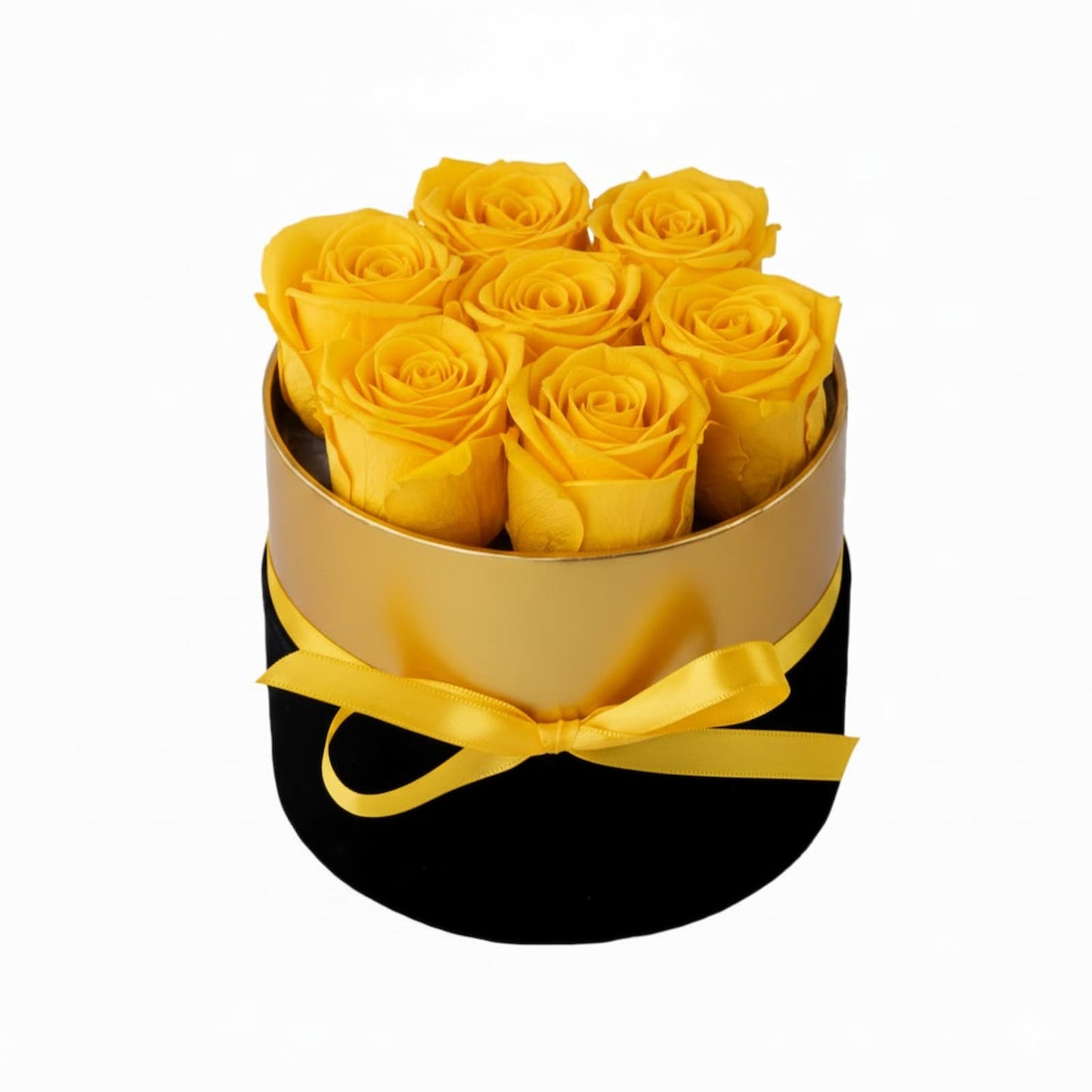 Design luxury 7 yellow preserved roses in a black and gold box. Long lasting romantic gift.