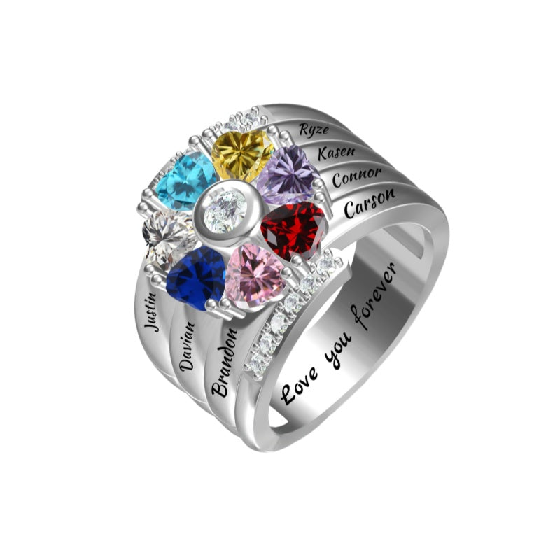Mothers Rings with 1-8 Birthstones and Names Engraved, Sterling Silver ,Customized Personalized Ring for Women