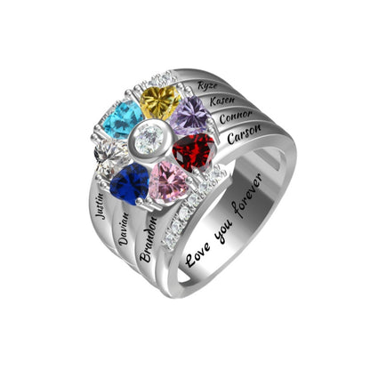 Mothers Rings with 1-8 Birthstones and Names Engraved, Sterling Silver ,Customized Personalized Ring for Women