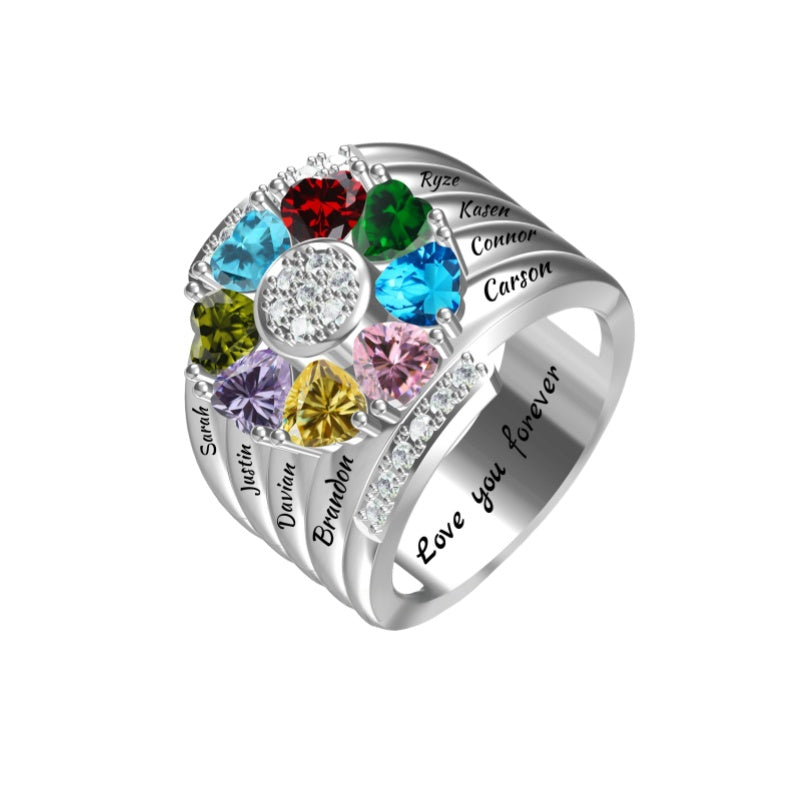 Mothers Rings with 1-8 Birthstones and Names Engraved, Sterling Silver ,Customized Personalized Ring for Women