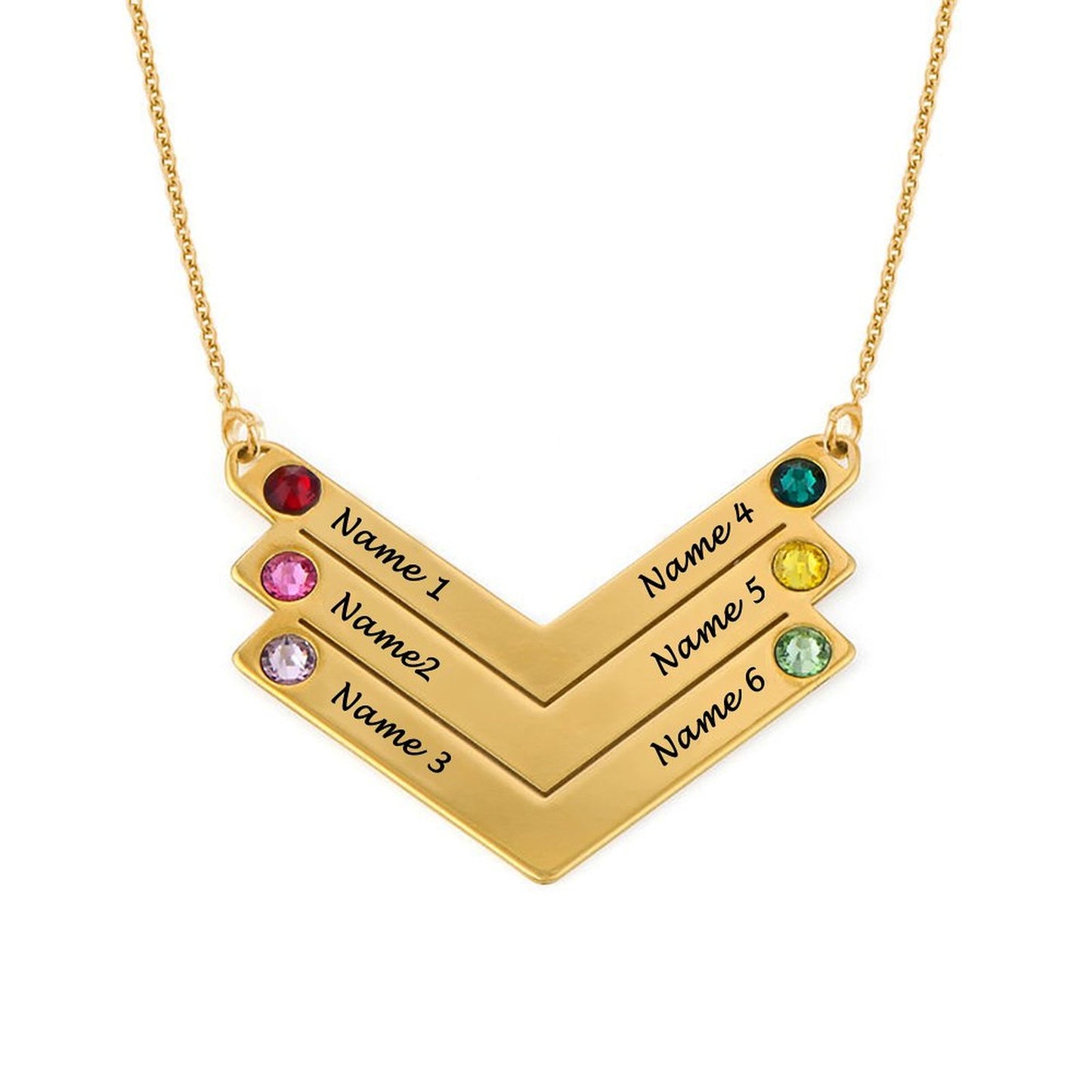 Personalized Family V Shape Family Anniversary Necklace with Cubic Zirconia Birthstones 925 Sterling Silver 18K Gold & Rose Gold  Plated