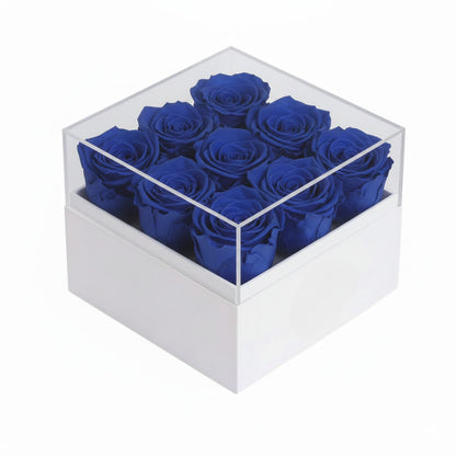 9 blue preserved roses in a box; ideal Valentines Day gift for her, wife, or mom.