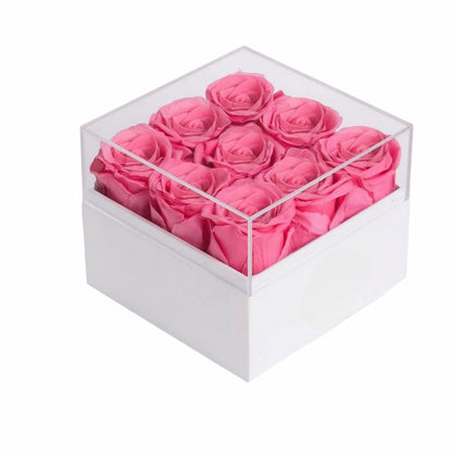 9 pink preserved roses in a box; ideal Valentines Day gift for her, wife, or mom.