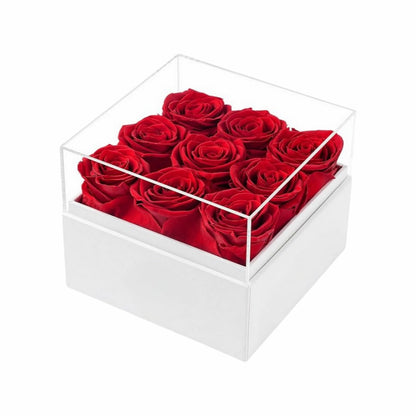 9 red preserved roses in a box; ideal Valentines Day gift for her, wife, or mom.