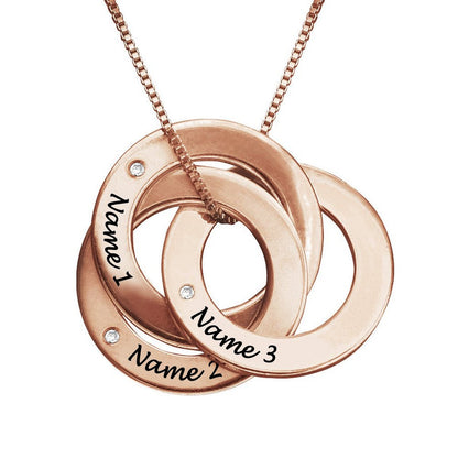 Personalized Russian Name Engraved Necklace in Sterling Silver, Rose Gold & Gold Plating 3 Round Discs Pendant