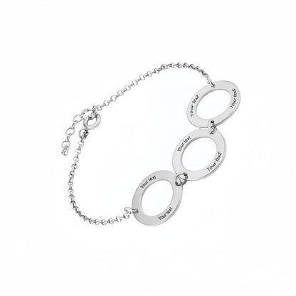 Bracelet personnalisé en argent sterling ou plaqué or avec 6 prénoms gravés en cercles pour femme. Bracelet personnalisé pour elle.