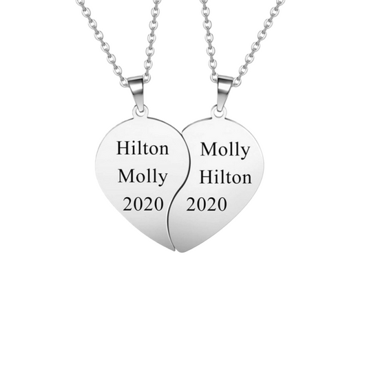 Personalized Engraved Couples Heart Necklace,Best Friends Custom Split Heart Pendant
