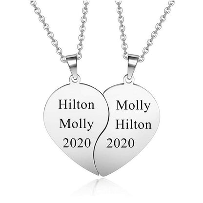 Personalized Engraved Couples Heart Necklace,Best Friends Custom Split Heart Pendant