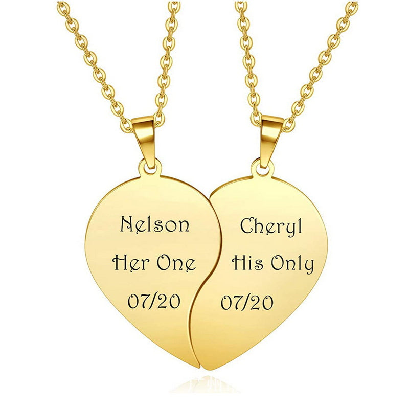 Personalized Engraved Couples Heart Necklace,Best Friends Custom Split Heart Pendant
