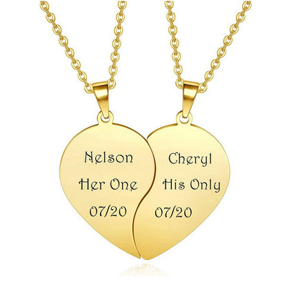 Personalized Engraved Couples Heart Necklace,Best Friends Custom Split Heart Pendant
