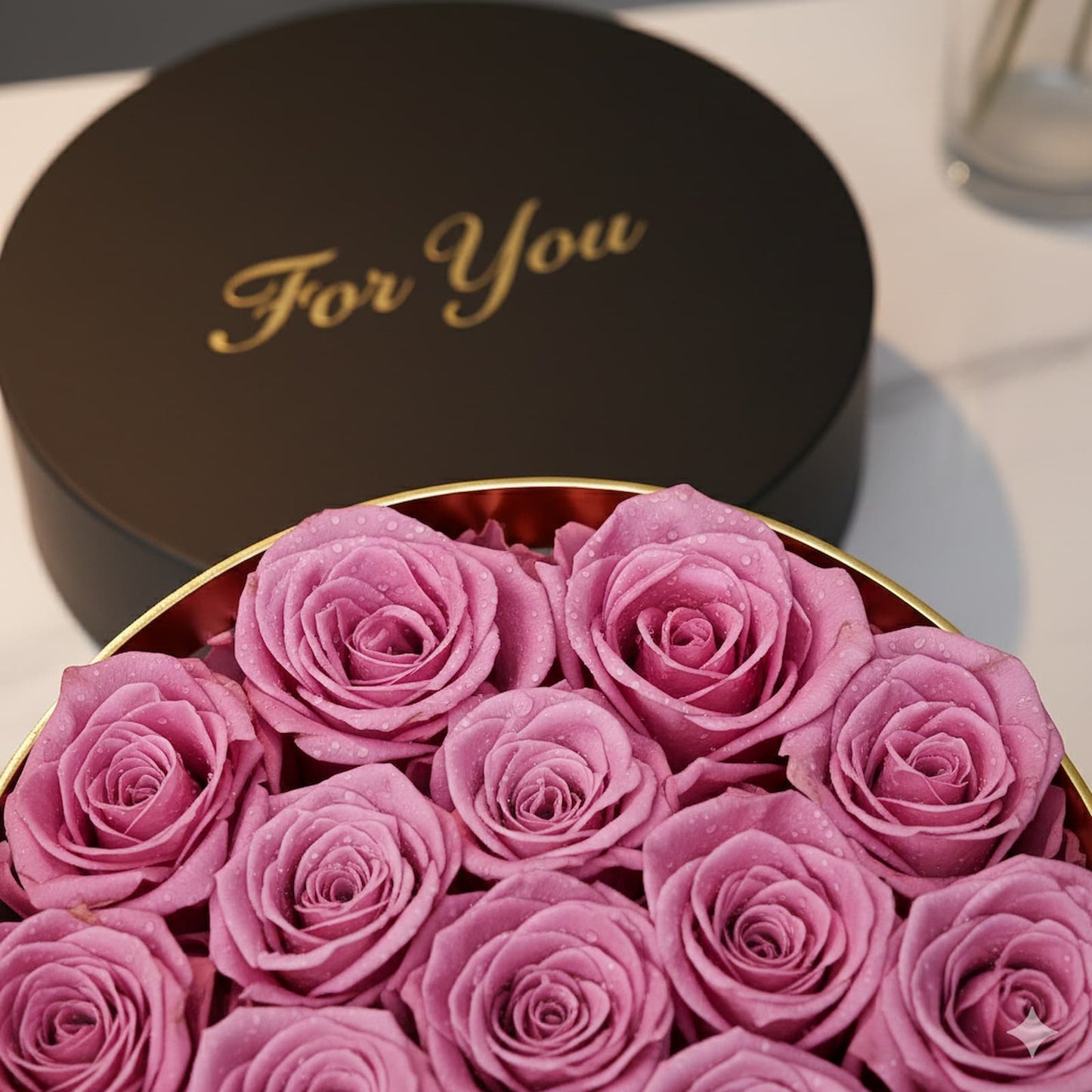 Pink preserved roses in a round box. Romantic, long-lasting gift for an anniversary.