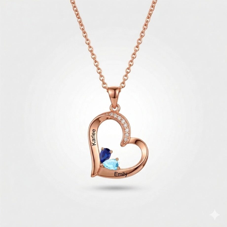 Rose gold custom heart necklace with 2 birthstones