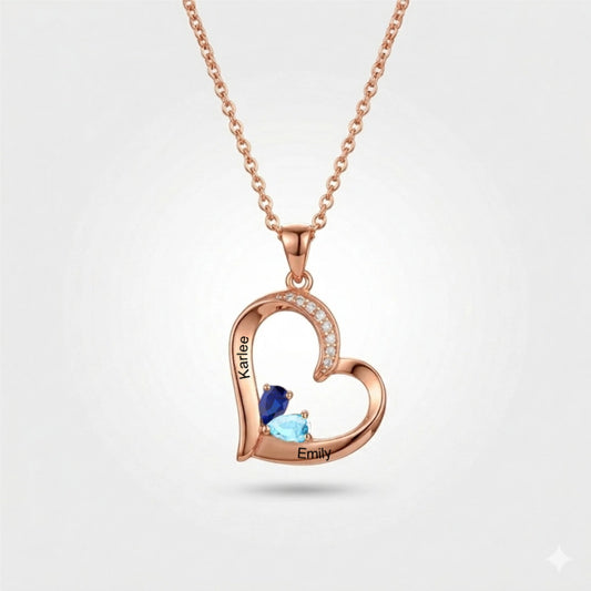 Rose gold custom heart necklace with 2 birthstones