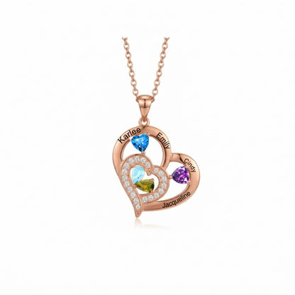 Rose gold family heart necklace with 4 name stones