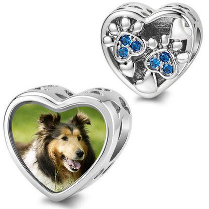 Personalized Dog Silhouette Heart Photo Charm S925 Silver Pave Bead