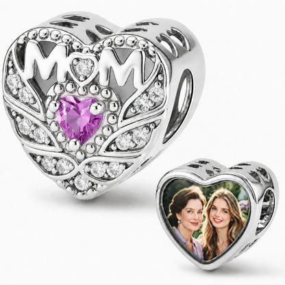 Custom photo heart-shaped MOM charm featuring a pink gemstone and clear cubic zirconia pavé.