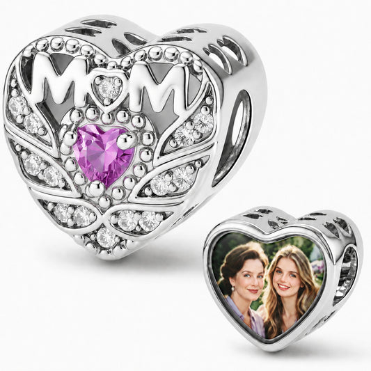 Custom photo heart-shaped MOM charm featuring a pink gemstone and clear cubic zirconia pavé.