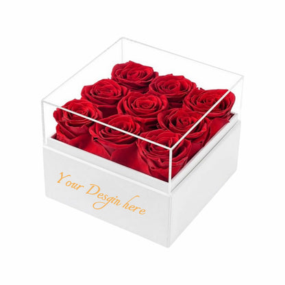 Red preserved roses in a custom box, a forever decor for a birthday gift.