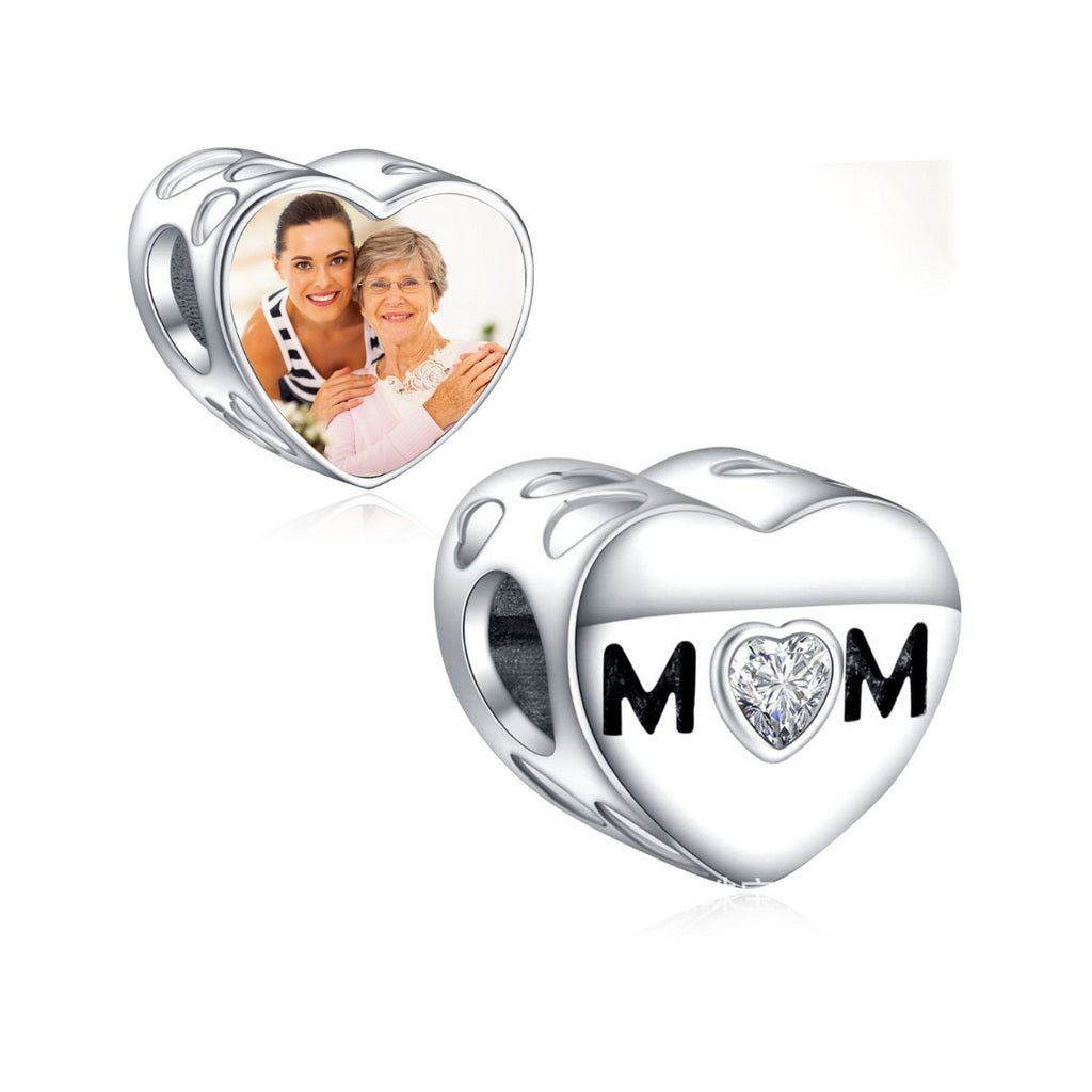 Customizable photo heart charm featuring MOM lettering and a sparkling heart crystal accent.