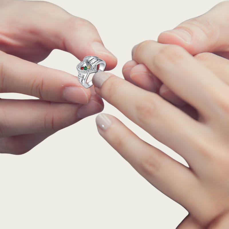 Customizable Heart-Shaped Birthstone Ring with Engraved Names - Personalized Jewelry Gift