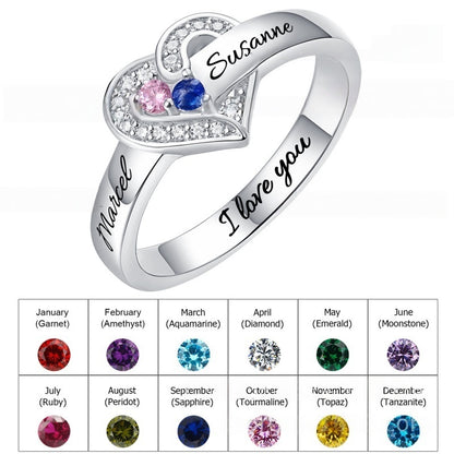 Customizable Heart-Shaped Birthstone Ring with Engraved Names - Personalized Jewelry Gift