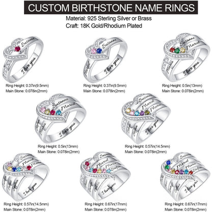Customizable Heart-Shaped Birthstone Ring with Engraved Names - Personalized Jewelry Gift