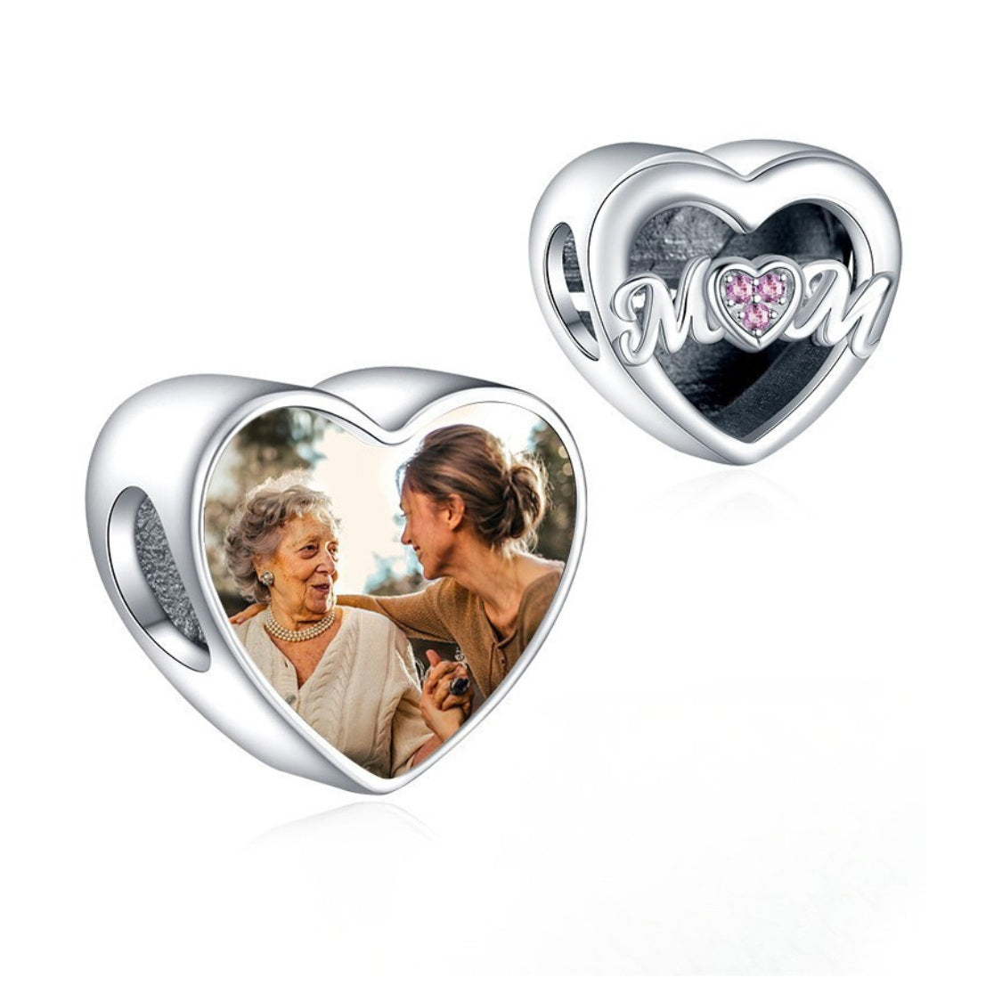 Customizable photo heart charm featuring MOM lettering and a sparkling heart crystal accent.