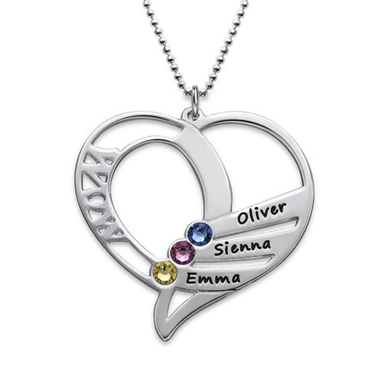 Custom 925 Sterling Silver Heart-Shaped Family Name & Birthstone Pendant Necklace - Personalized Jewelry