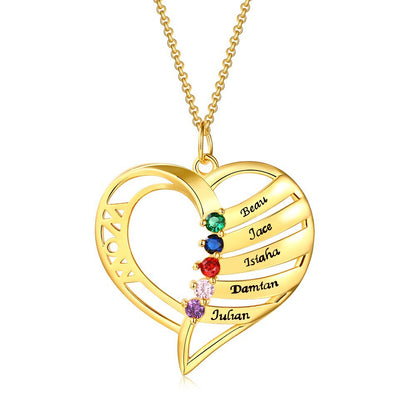 Custom 925 Sterling Silver Heart-Shaped Family Name & Birthstone Pendant Necklace - Personalized Jewelry