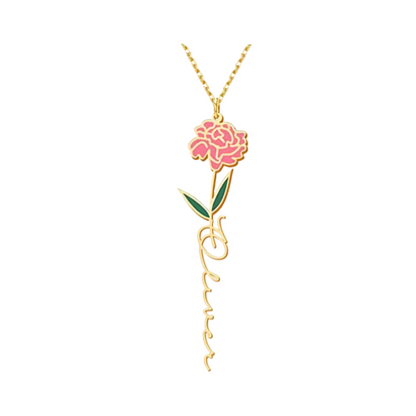 Personalized Floral Name Necklace Charms with Birthstones - Custom Flower & Name Jewelry