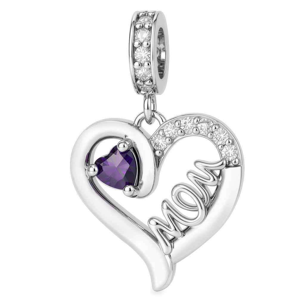 Silver MOM heart dangle charm featuring a deep purple heart-shaped stone and clear crystals.