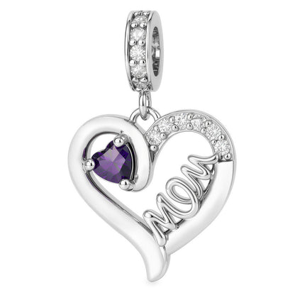 Silver MOM heart dangle charm featuring a deep purple heart-shaped stone and clear crystals.